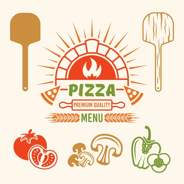 Horno de ladrillo y pizza vector emblema de color — Vector de stock