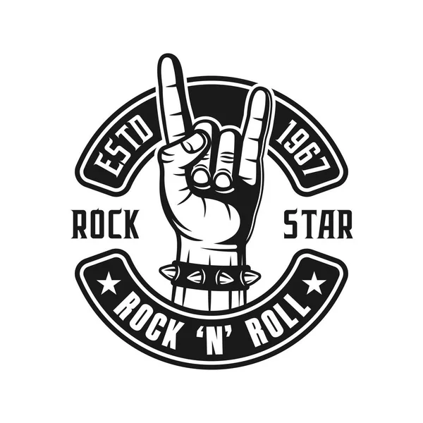 Rock emblema vector de música con cuernos gesto de la mano — Archivo Imágenes Vectoriales