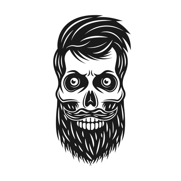 Crâne Barbu Hipster Avec Cheveux Moustache Vecteur Illustration Monochrome Isolé — Image vectorielle