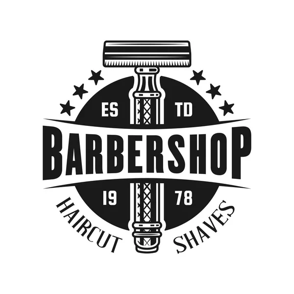 Barbería emblema vectorial con navaja de afeitar de seguridad — Vector de stock