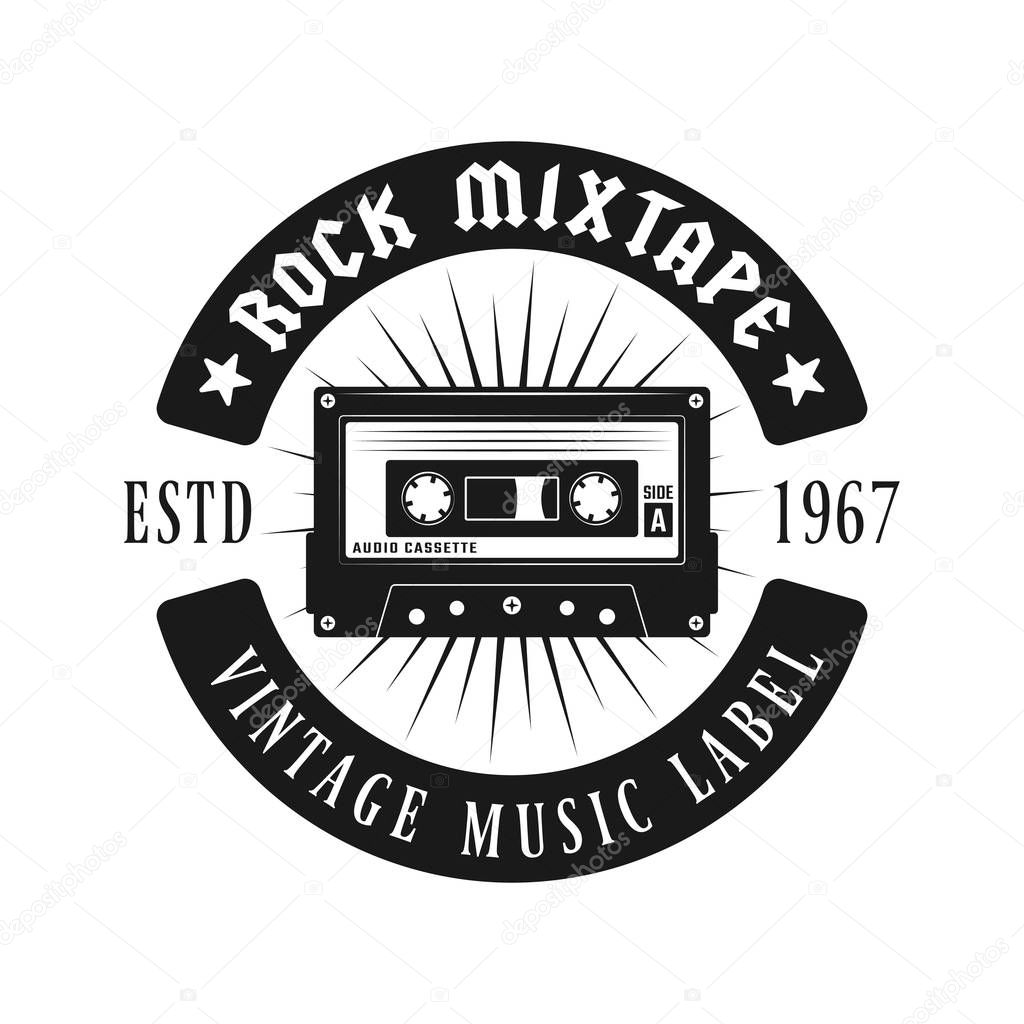 Audio cassette music emblem, lapel, badge or logo in monochrome vintage style isolated on white background