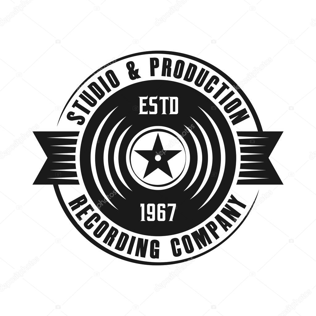 Vinyl music emblem, label, badge or logo in monochrome vintage style isolated on white background