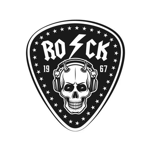 Selección de guitarra con cráneo en emblema de música de auriculares — Vector de stock