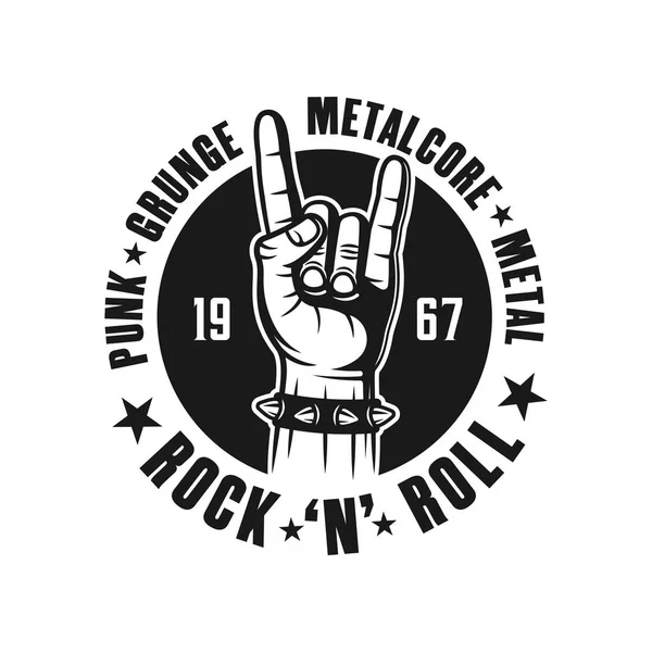 Rock n roll vector emblema negro con gesto de la mano — Archivo Imágenes Vectoriales