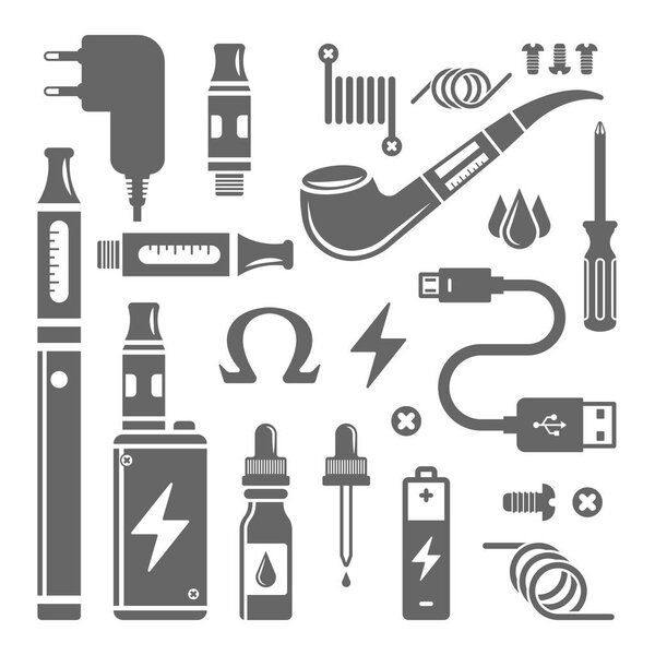 Vape shop and e-cigarette set of vector icons