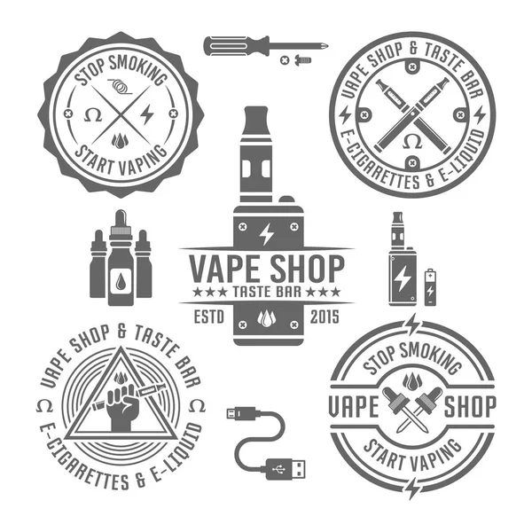 Tienda de Vape, emblemas de cigarrillos electrónicos y vectores de líquidos electrónicos — Vector de stock