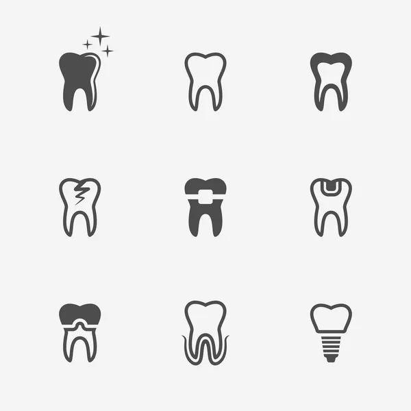 Diente, dientes nueve vectores negros iconos médicos — Vector de stock