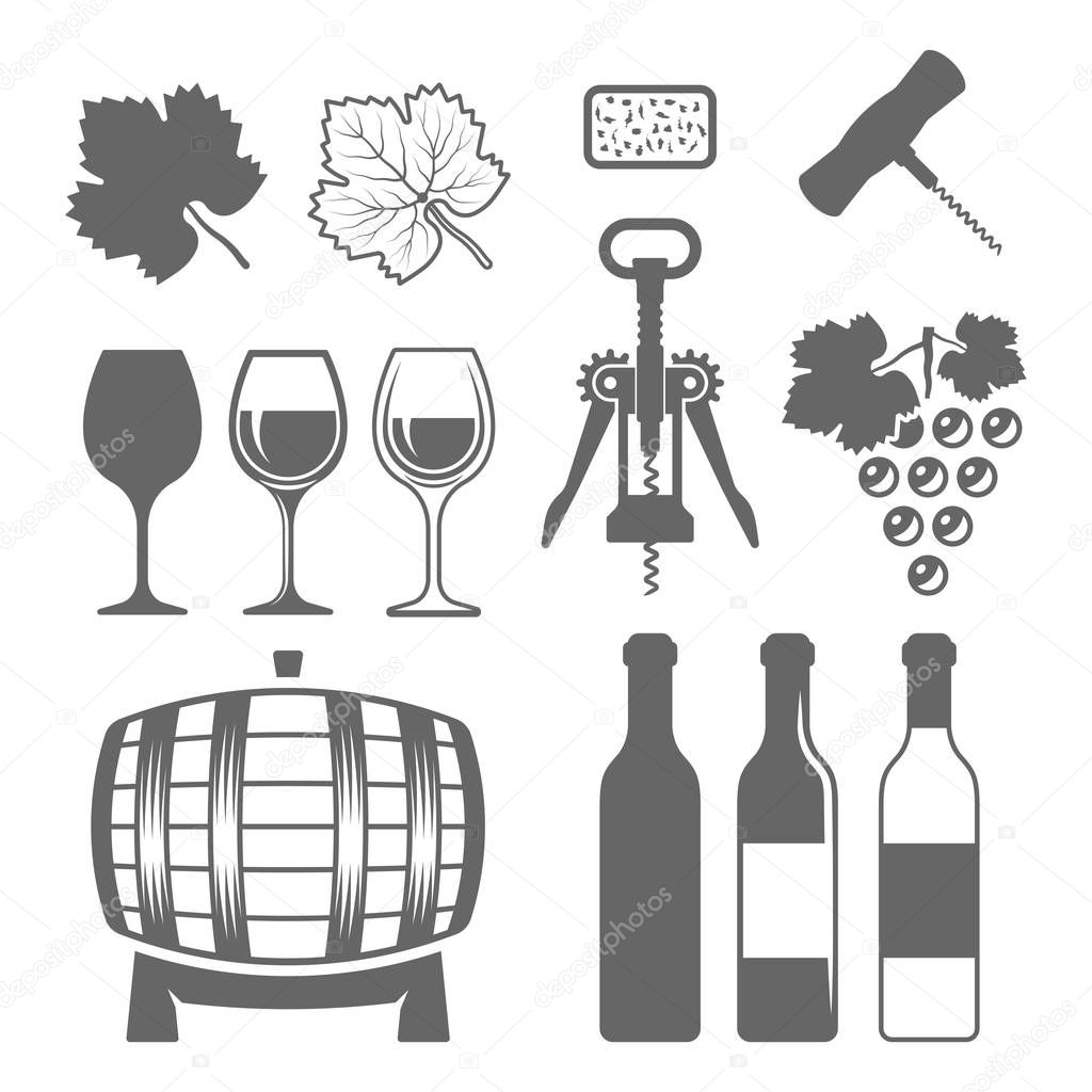 Wine set of vector monochrome design elements