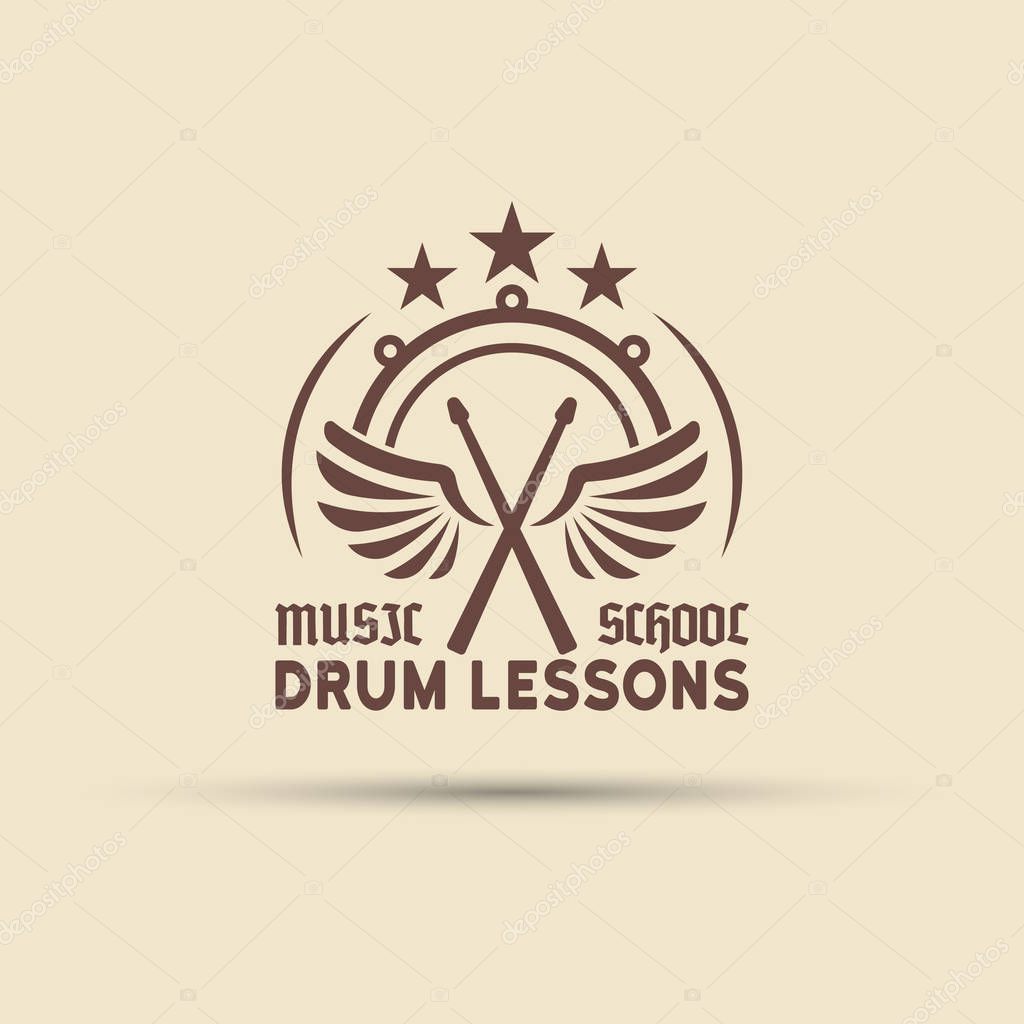 Drum school isolated vector round label, badge, emblem, wings with drumsticks