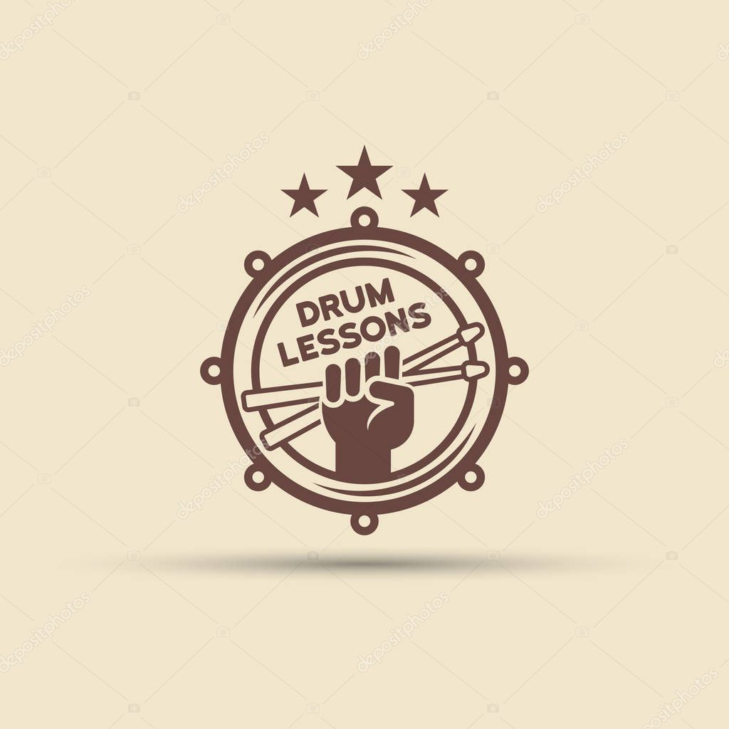 Drum school isolated vector round label, badge, emblem, fist hand with drumsticks
