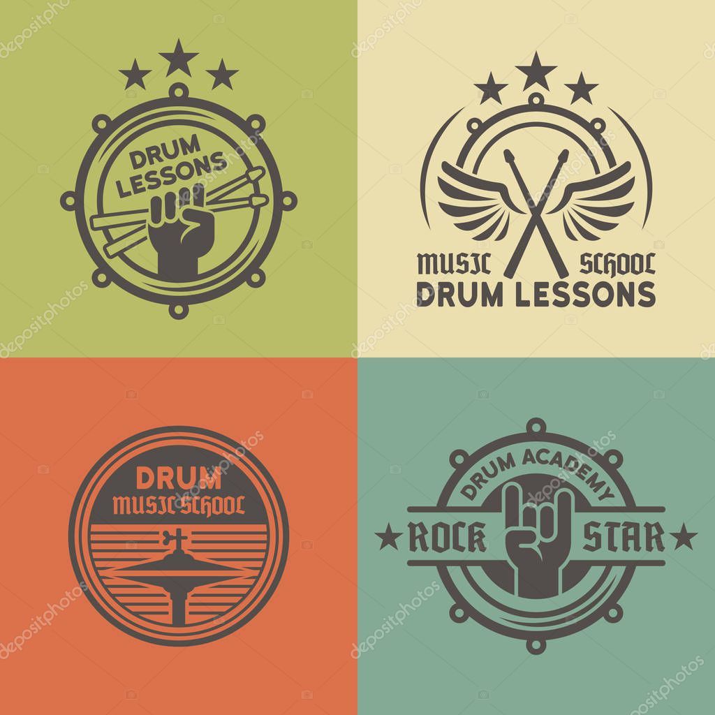 Drum school or academy, drum lessons set of vector vintage colored labels, badges, emblems