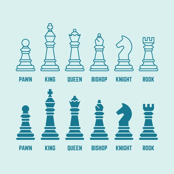 Šachové figurky vektorové ikony obrys a silueta — Stockový vektor