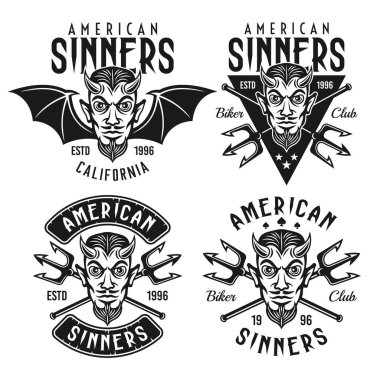 Biker club vector emblems with horned devil head clipart