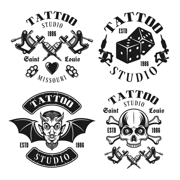 Tattoo studio four vector black vintage emblems — Stock Vector