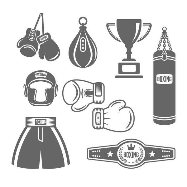 Элементы векторного монохромного дизайна боксерского оборудования
