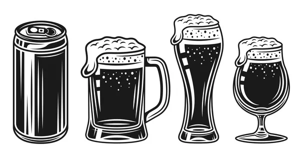 啤酒玻璃, 杯子和罐头向量黑色对象设置 — 图库矢量图片