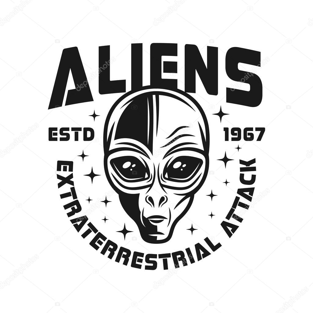 Alien head vector emblem in vintage monochrome style isolated on white background