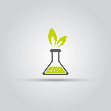 Kimyasal şişesi ve yeşil yapraklar izole simgesi