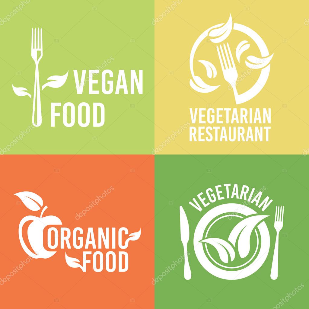 Vegetarian food and organic products vector logos