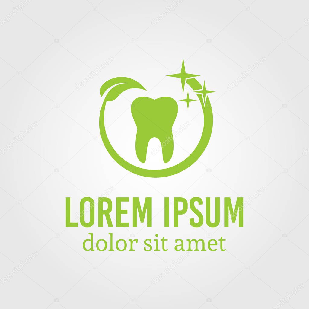 Tooth around which green leaf logo template with sample text, dental clinic logo, stomatology logo