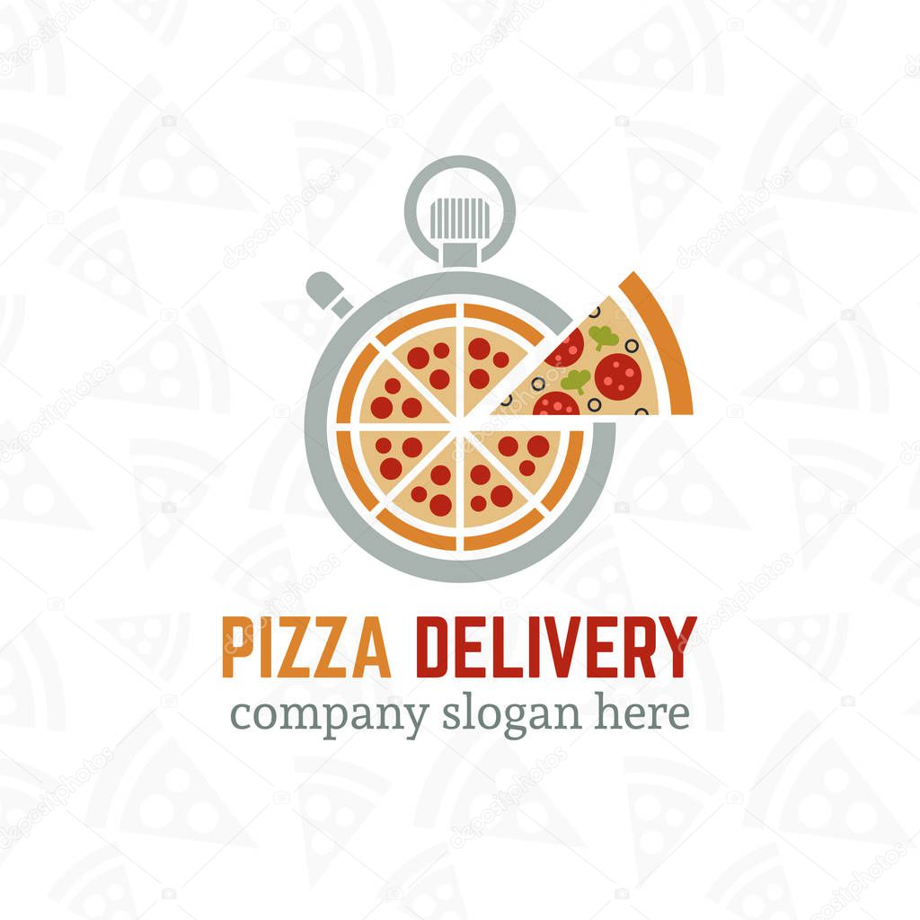 Pizza delivery vector company logo template with sample text, pizza inside the stopwatch symbolizing fast delivery