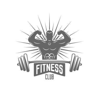 Vücut geliştirmeci ve halter izole vektör amblemi