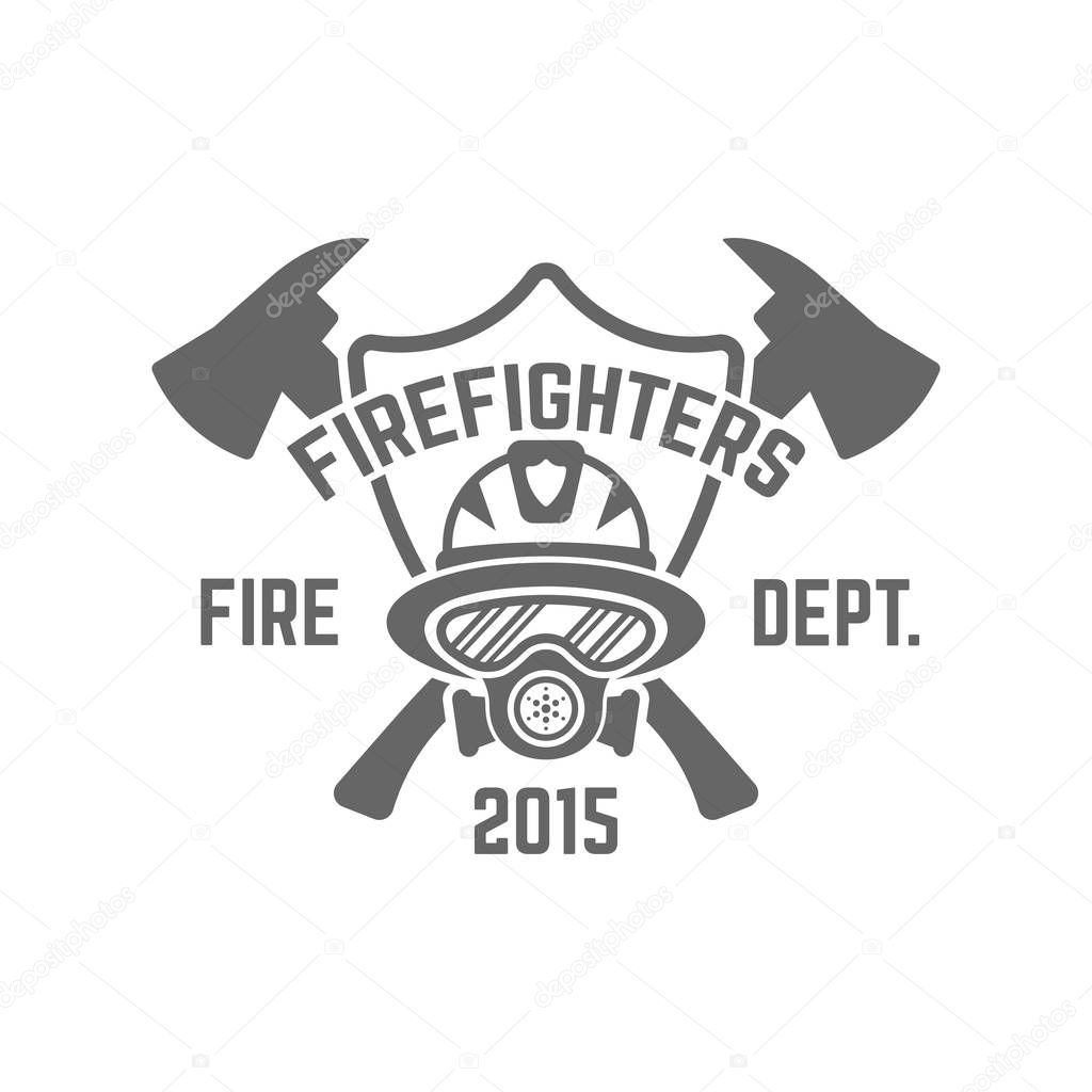 Fire department monochrome vector label on white background, firefighter in a gas mask and shield