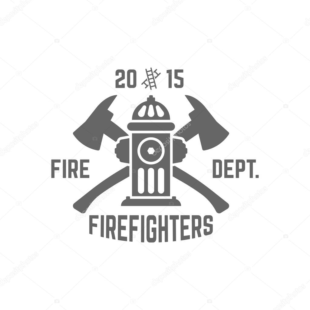 Fire department monochrome vector label on white background, fire hydrant and two crossed axes