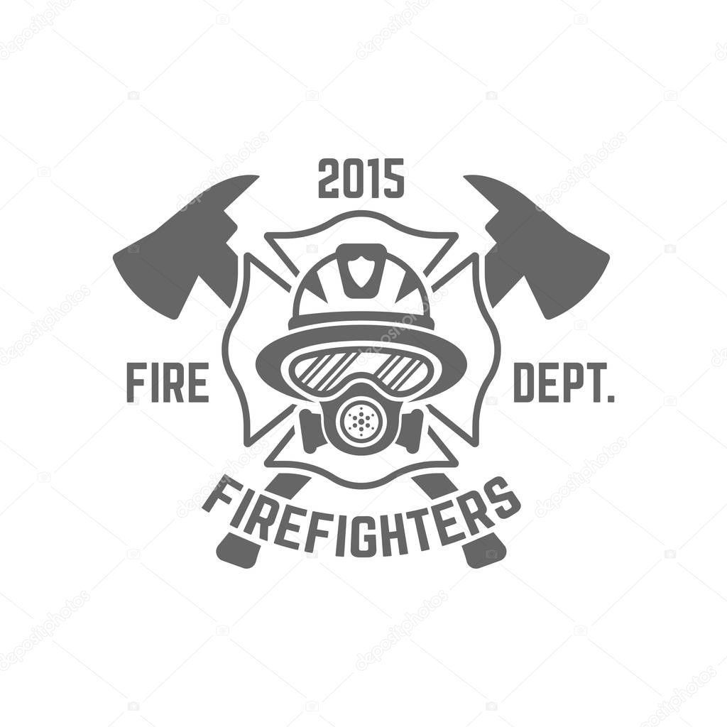 Fire department monochrome vector label on white background, firefighter in a gas mask and two crossed axes