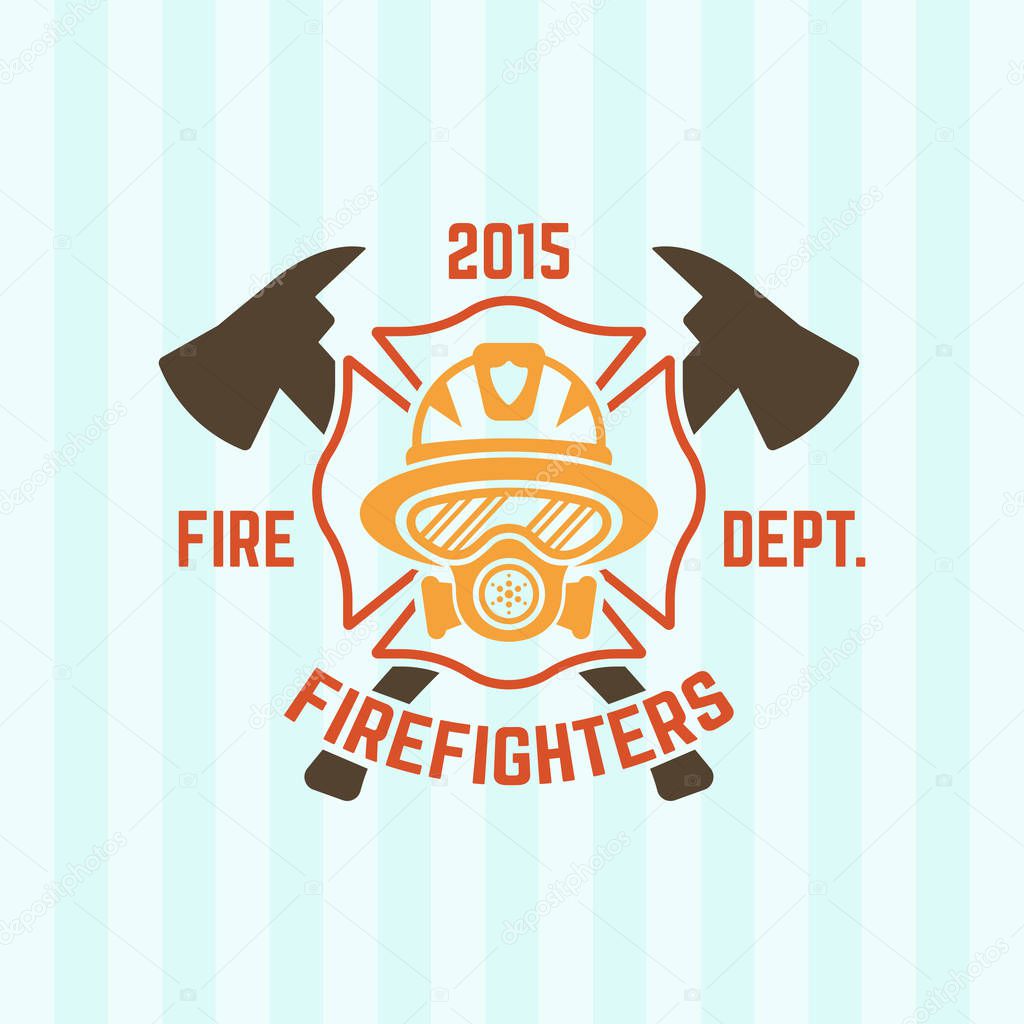 Fire department colored vector label, firefighter in a gas mask and two crossed axes