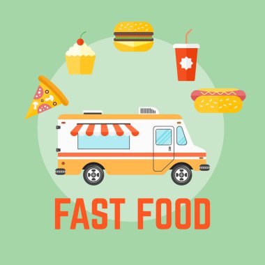 Fast food kamyon düz tasarım vektör çizim