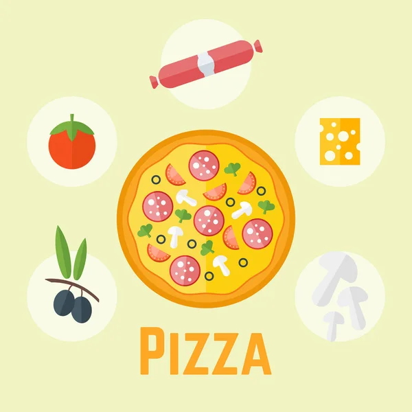 Pizza e ingredienti colorato vettoriale illustrazione — Vettoriale Stock