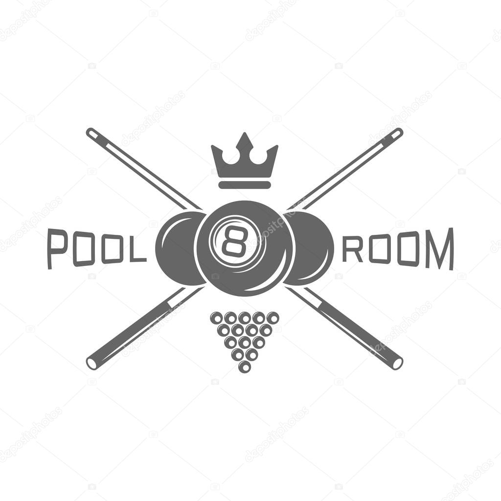 Billiard club or pool room monochrome vector label on white background