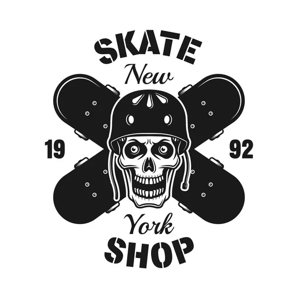 Cráneo y dos skateboards cruzados emblema de vector — Archivo Imágenes Vectoriales
