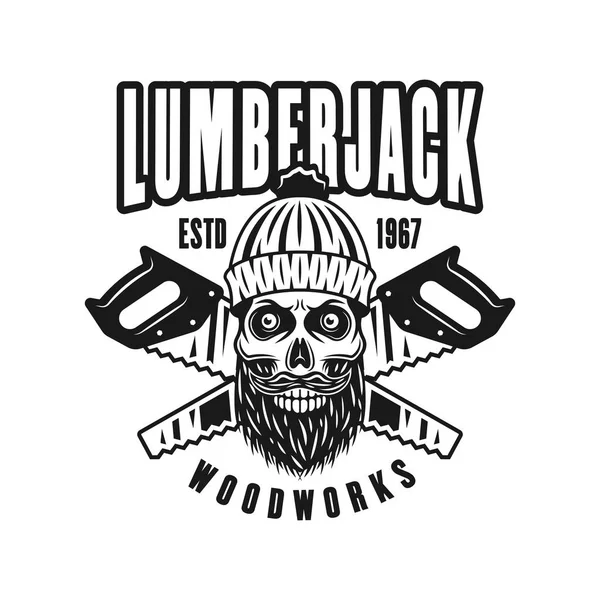 Cráneo de Lumberman en emblema retro de vector de sombrero de punto — Vector de stock