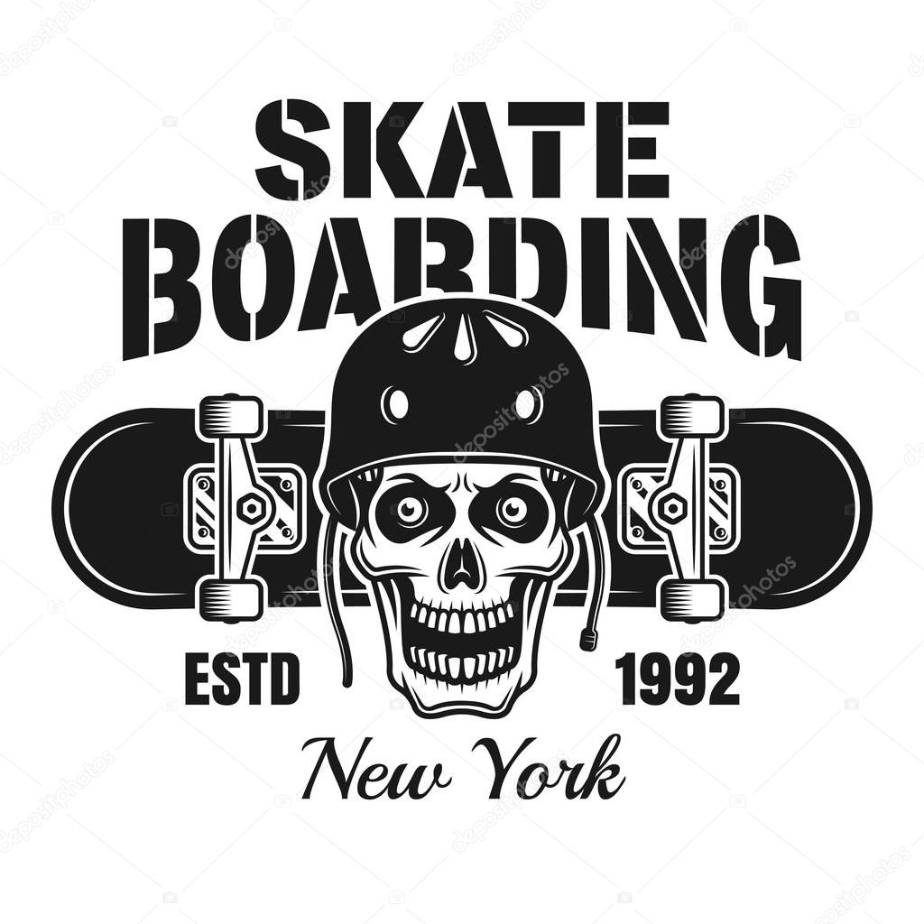 Skull in protective helmet and skateboard vector emblem in vintage monochrome style isolated on white background
