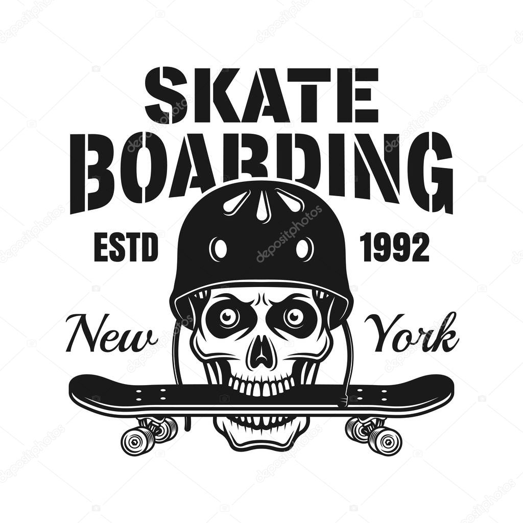 Skull with skate deck in teeth vector skateboarding emblem in vintage monochrome style isolated on white background