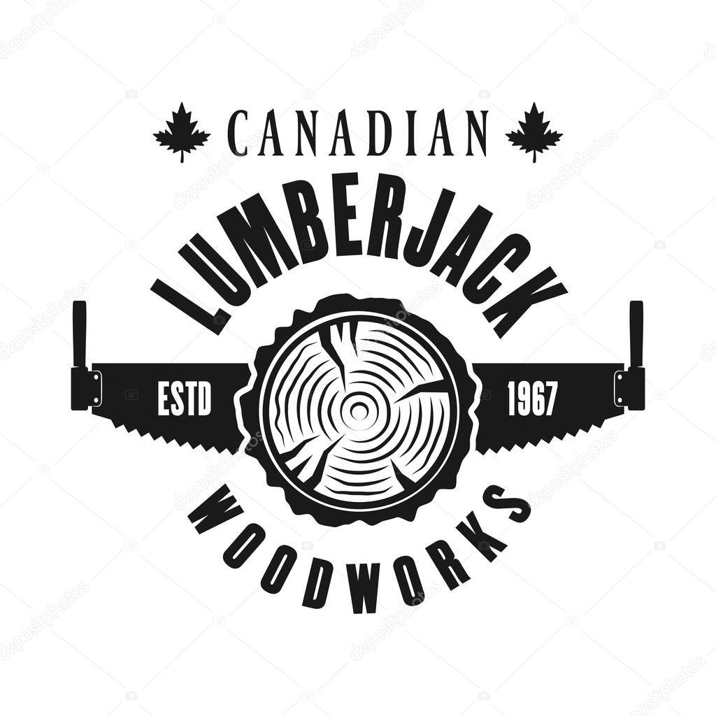 Woodworks vector emblem with two hand saw and wooden log in vintage monochrome style isolated on white background