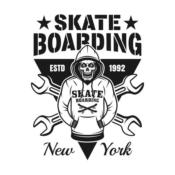 Scheletro con cappuccio emblema dello skateboard vettoriale — Vettoriale Stock