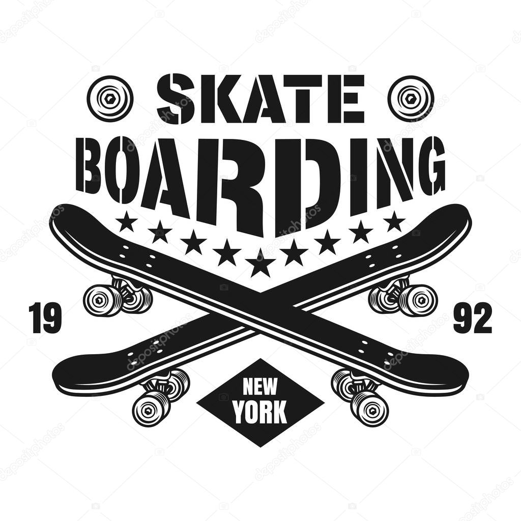 Skateboarding vector emblem with two crossed skate decks in vintage monochrome style isolated on white background