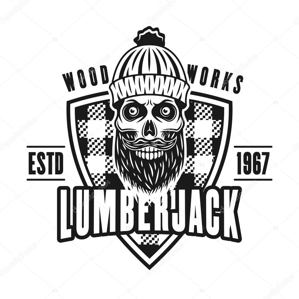 Lumberman skull and shield vector emblem in vintage monochrome style isolated on white background