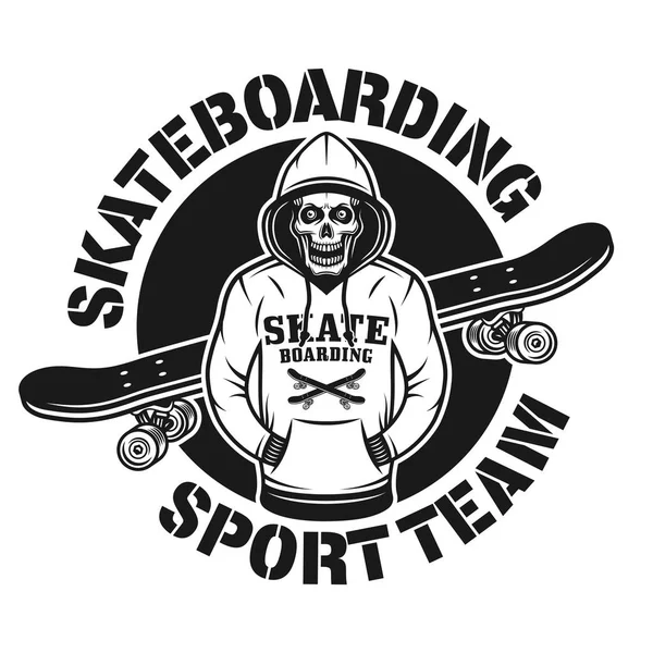 Skallen i hoodie och skateboard vektor emblem — Stock vektor