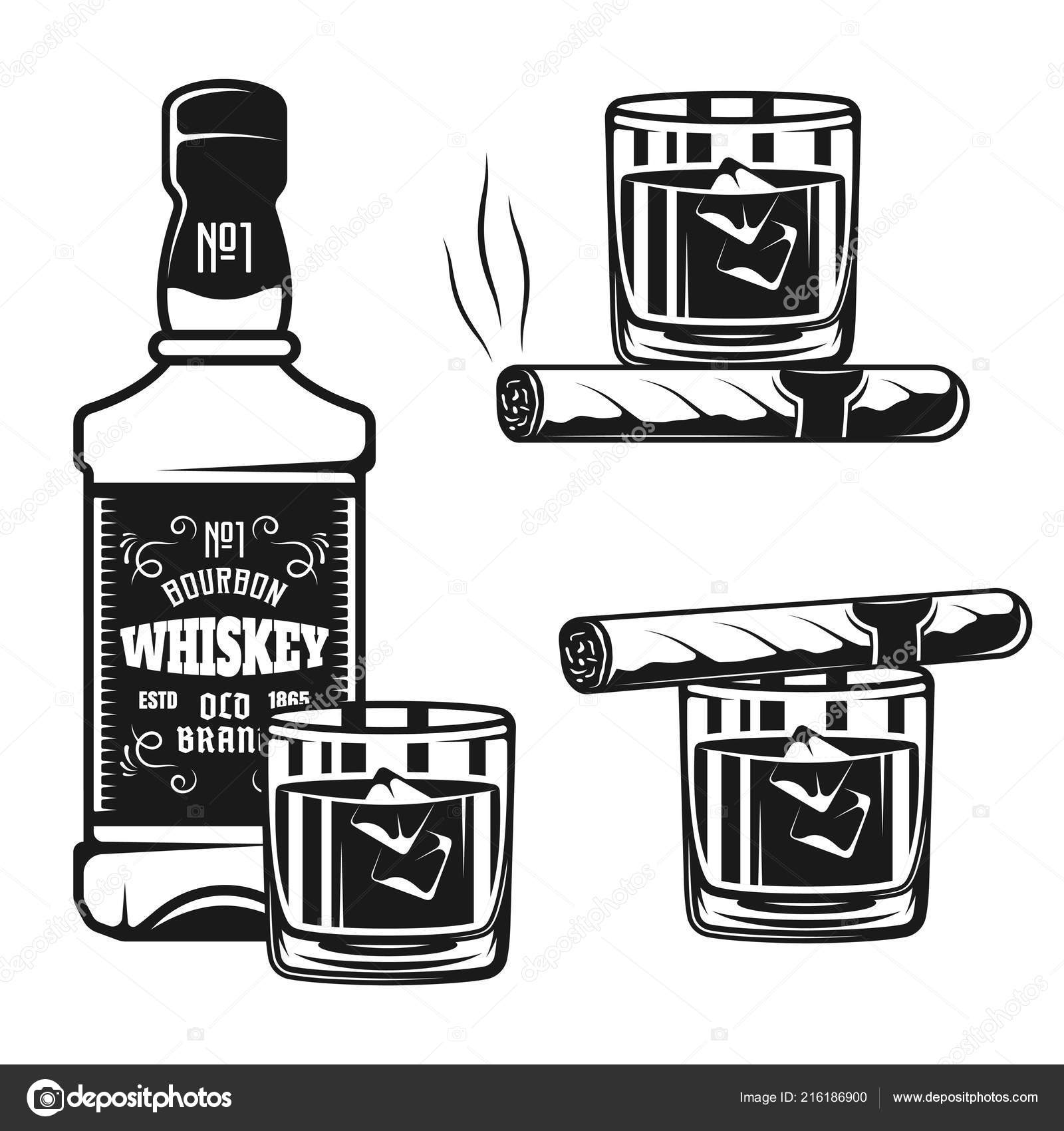 Whiskey bottle with glass and cigar vector objects Stock Vector by