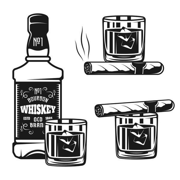 Whiskey bottle with glass and cigar vector objects