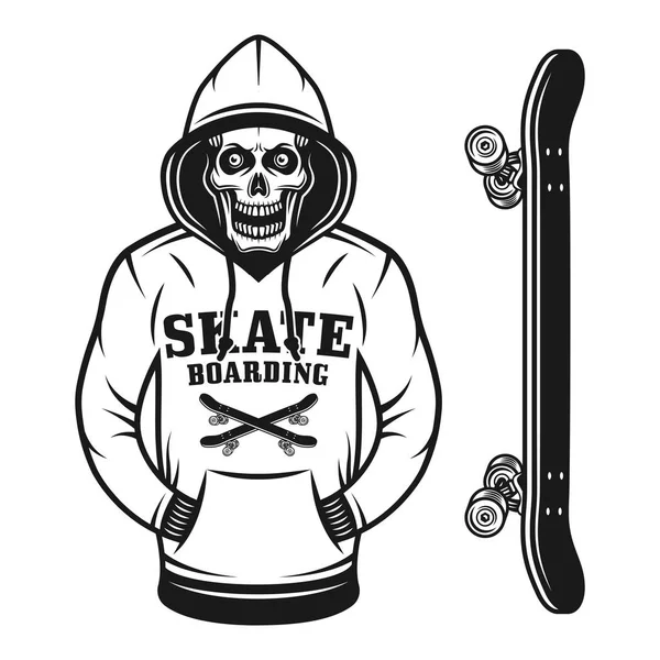 Skull of skater in hoodie and skateboard objects — Stock Vector