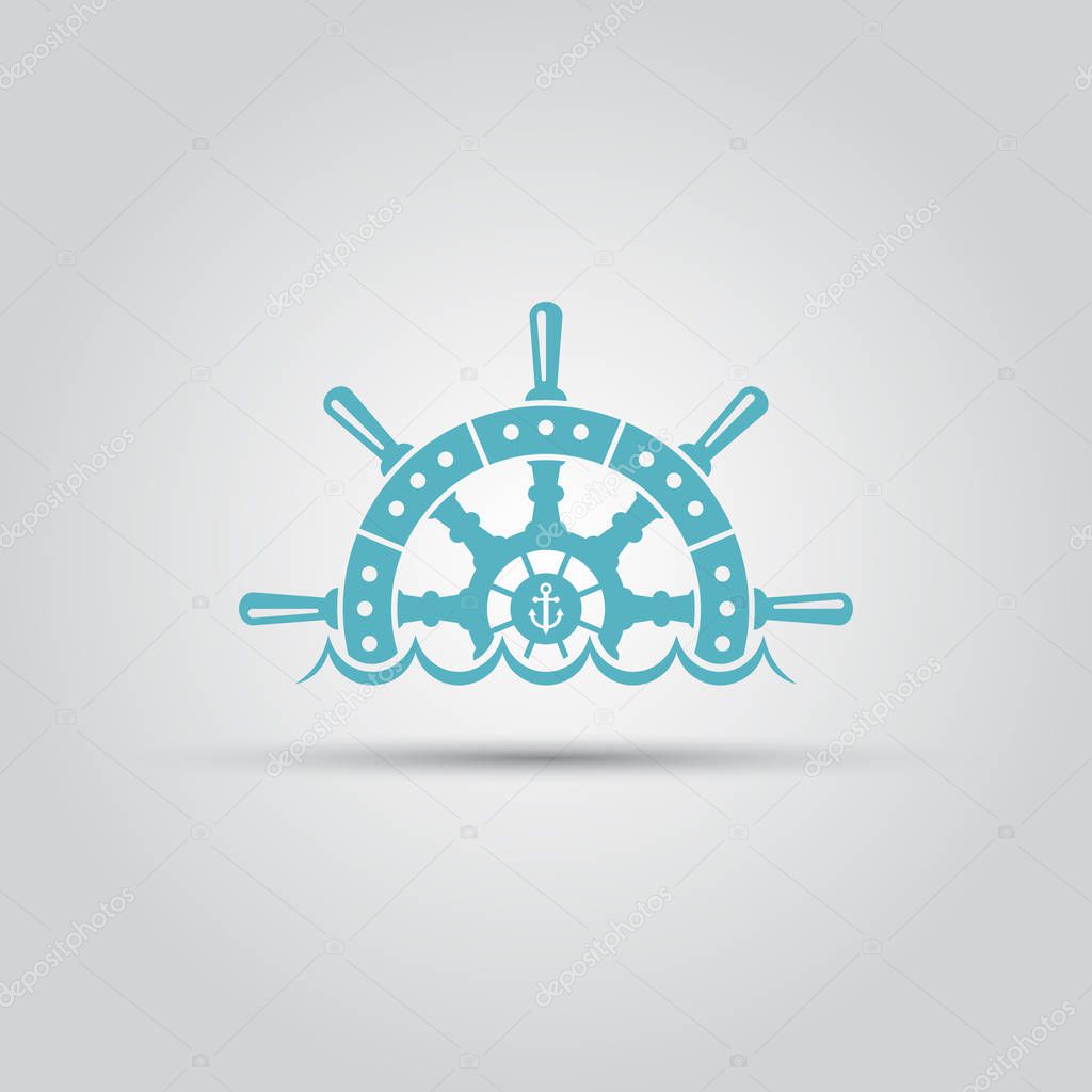 Ship steering wheel and waves isolated vector logo