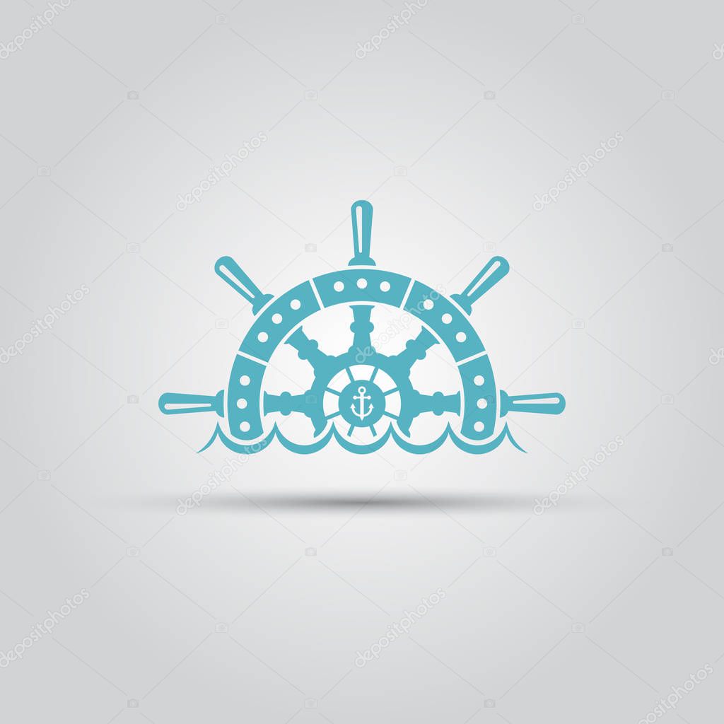 Ship steering wheel hidden behind the waves of the sea isolated vector logo