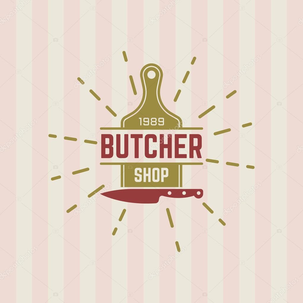 Butcher shop vector vintage label, cutting board and kitchen knife emblem template