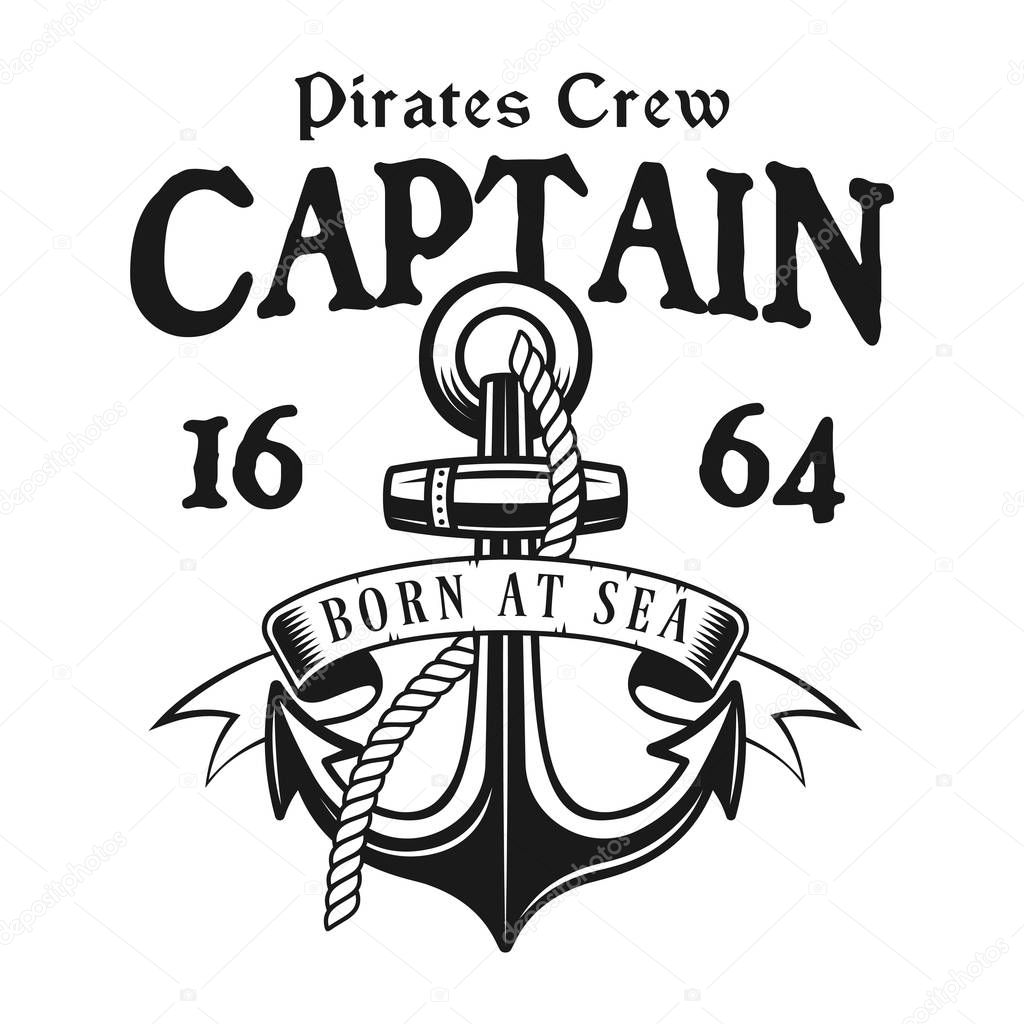 Anchor with rope, ribbon and text captain vector pirate emblem in monochrome vintage style isolated on white background