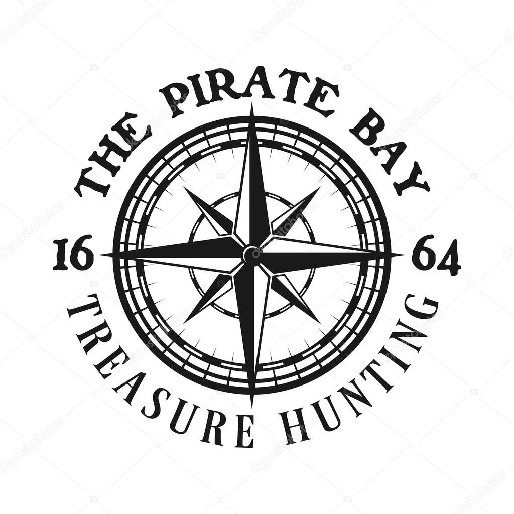 Pirates vector emblem with compass wind rose monochrome vintage illustration isolated on white background